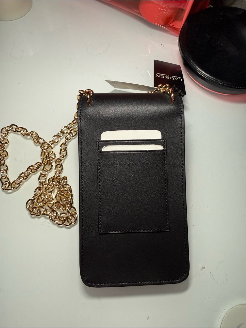 Ralph Lauren Black Leather Crossbody Phone Pouch with Gold Chain - Picture 5 of 6